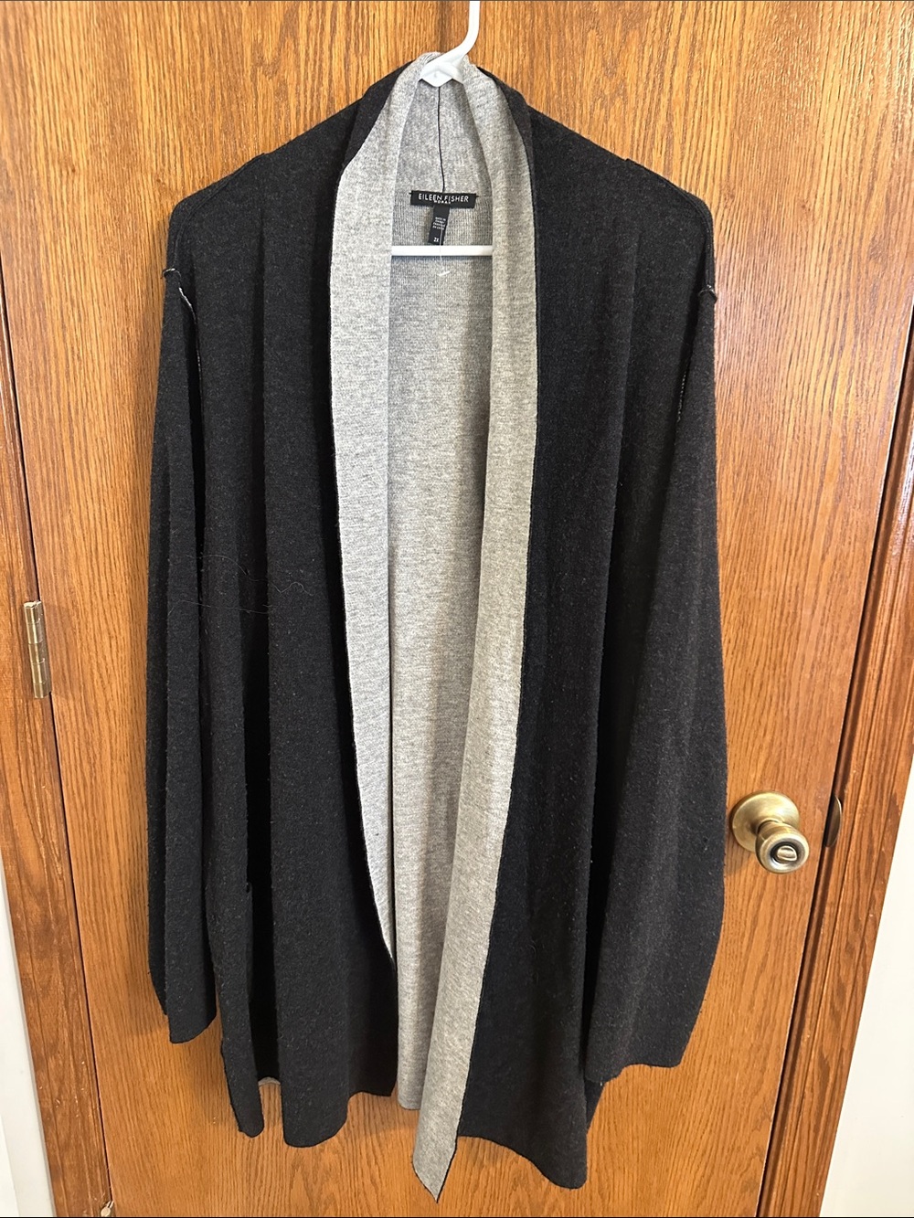 Eileen Fisher Black Cardigan with Light Gray Shawl Collar